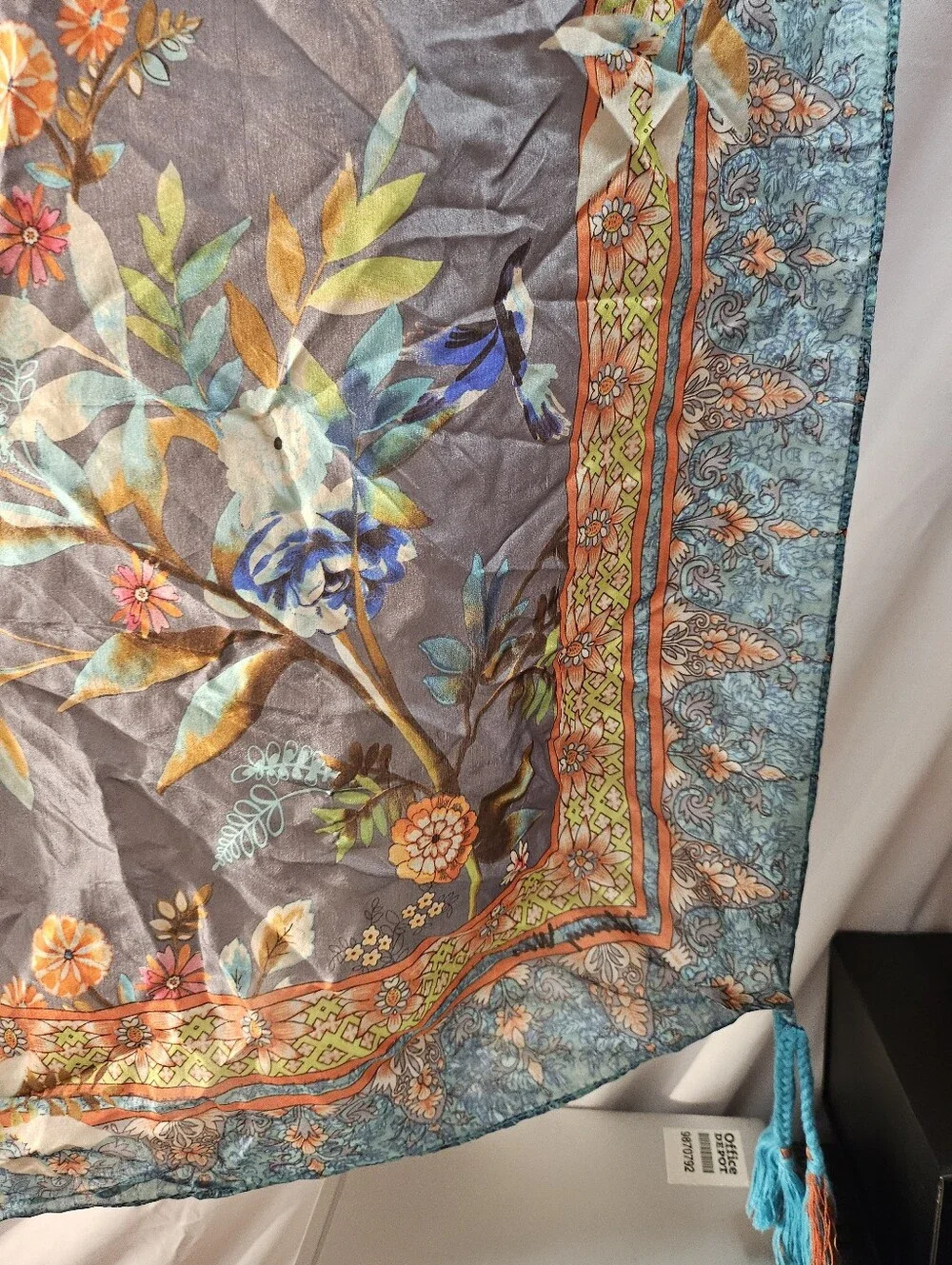 *Johnny Was Silk Square Scarf Floral Botanical Bird Print with Corner Tassels